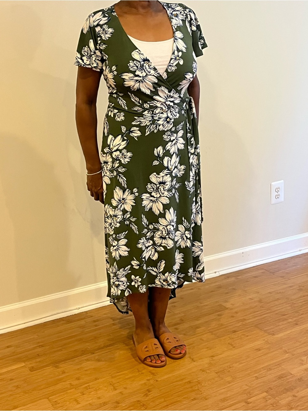 Floral Olive Green High-Low Wrap Dress with V-Neck
